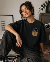 Camiseta Oversized Good Vibes Cat Acid Wash