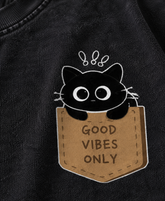 Camiseta Oversized Good Vibes Cat Acid Wash