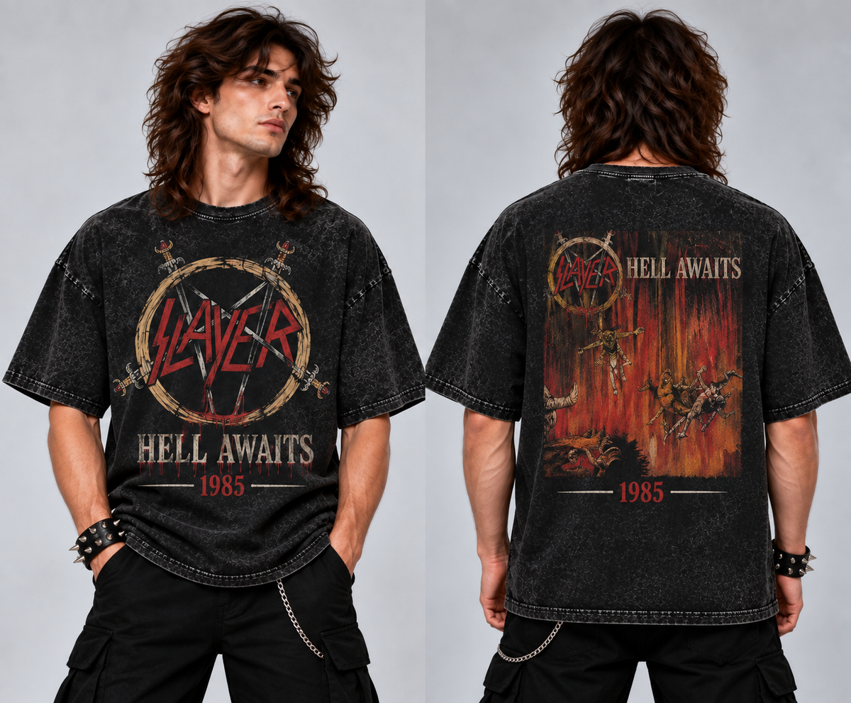 Camiseta SLAYER - HELL AWAITS - 1985 -Acid Wash Edition