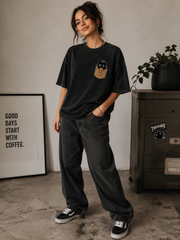 Camiseta Oversized Good Vibes Cat Acid Wash